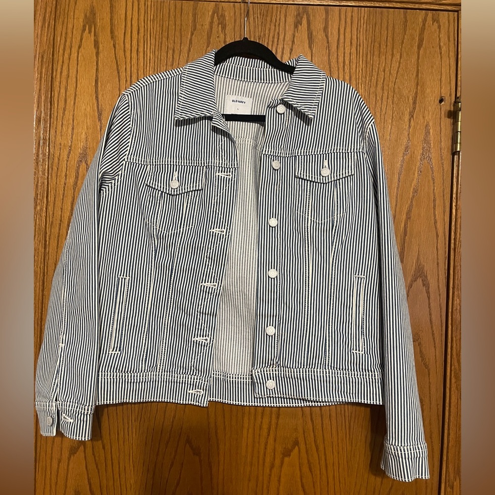 NWT Old Navy blue and white striped denim jacket